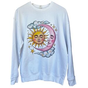 Celestial Sun Moon Sweatshirt Women’s Large White Long Sleeve Whimsical Pullover